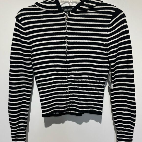 Harper & Ivy Women's Black White Stripe Full Zip Hooded Sweater Medium NWT - Picture 3 of 7